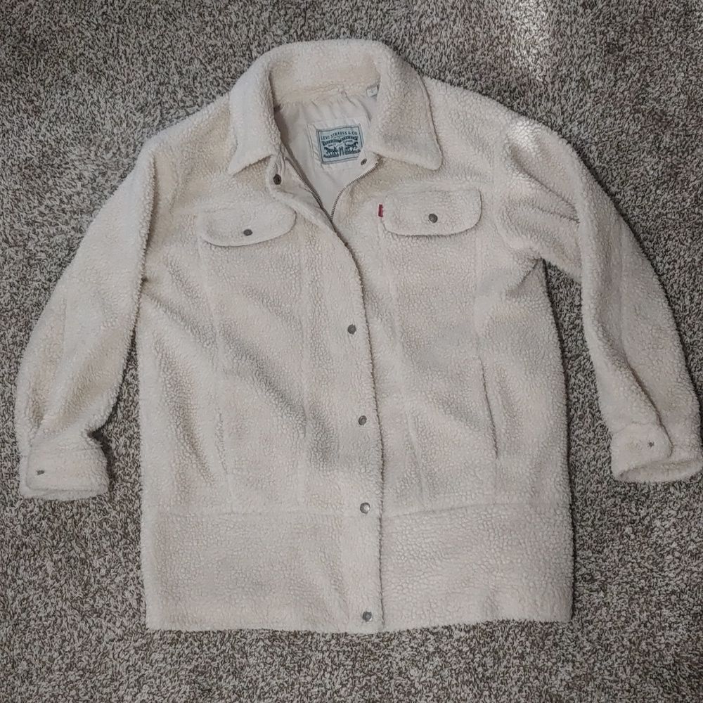 Levi Sherpa Jacket Women's L Cream Teddy Long Trucker Full Zip